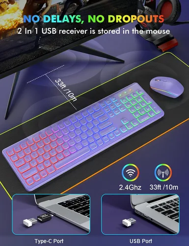Vista 4 de Combo de teclado y mouse inalámbricos, retroiluminación RGB, recargable y letras iluminadas, tamaño completo, escritura suave, modo de suspensión