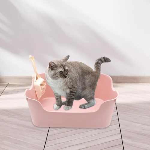 Vista 3 de KLKCMS Sartén de inodoro para gatos pequeños, medianos y grandes, fácil de limpiar, contenedor de arena para gatos, color rosa