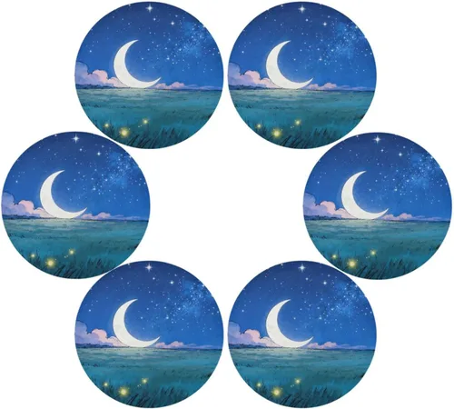 Star Ninght Moon Grassland Fabric placemats Round Cloth Reversible Quilted placemats manteles para mesa de comedor 15.4x15.4in Set of 6