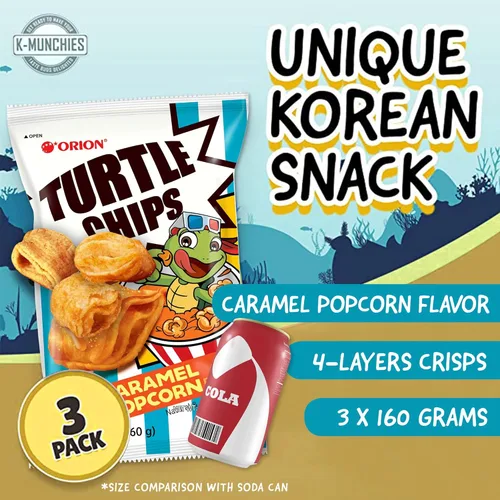 Vista 2 de K-Munchies Orion Turtle Chips – Bolsa grande de 3 x 160 gramos de sabor a caramelo con sabor a palomitas de maíz, chips coreanos grandes
