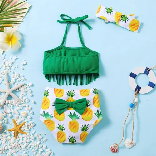 Vista 2 de Magic Park 0M-3T - Bikini para niñas pequeñas, traje de baño con cuello halter para niños, 3 piezas, conjuntos de playa