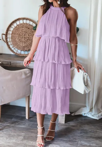 Vista 7 de ZESICA Vestido largo midi de gasa con capas escalonadas y cuello halter para mujer, 2023