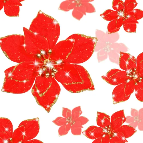 Vista 17 de WILLBOND 24 Piezas 3 Tamaños Flor de Nochebuena Artificial Decoración Navideña con Purpurina Adornos Navideños de Nochebuena Flores Artificiales