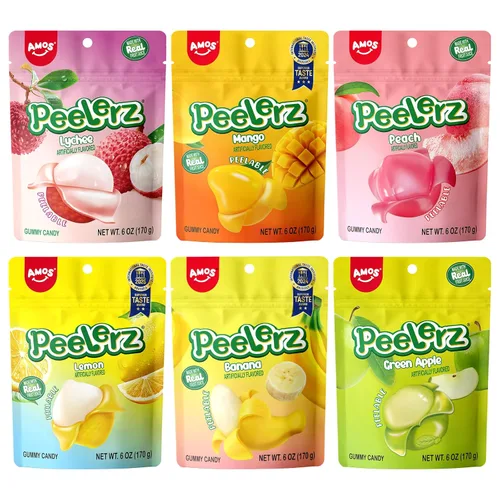 Vista 29 de AMOS Peelerz - Paquete variado de gomitas pelables, 3.00 oz cada uno (total de 11.99 oz), mango, uva, plátano, sabores de melocotón, gomitas suaves
