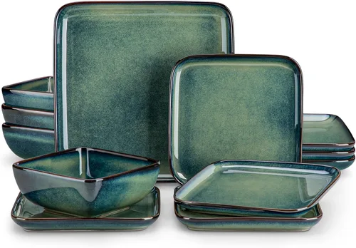 Vista 12 de vancasso Stern Blue Juego de Cena Cuadrado Vajilla de Esmalte Reactivo 12 Piezas Vajilla de Cocina Juego de Loza de Gres con Plato de Cena, Plato