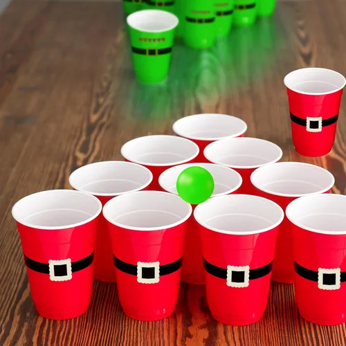 Vista 5 de Juego de 60 piezas de juego de vasos de Navidad – Vasos de plástico rojo y verde de 16 onzas con 10 bolas rojas y verdes para juegos de fiesta