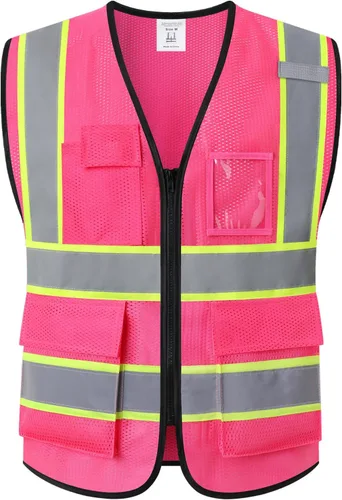 Vista 17 de Chaleco de seguridad de malla reflectante para hombres y mujeres, con 5 bolsillos y cremallera frontal, chaleco de malla de alta visibilidad