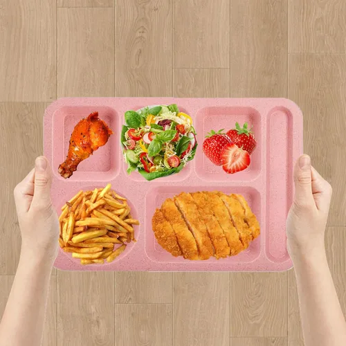 Vista 7 de Platos divididos de paja de trigo, platos de 5 compartimentos reutilizables, bandeja de plástico para almuerzo escolar con divisores para adultos