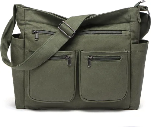 Bolso bandolera grande de lona para mujeres y hombres, bolso de mano tipo mensajero para laptop, trabajo, universidad, viajes 50 - 423/Verde