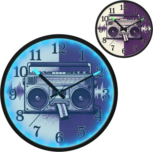 Vista 2 de Battery Operated Silent Non-Ticking Clock Luminous Voice-Activated Silent Clocks Retro Tape Drive Rhythm Purple White 12 Inch for Office, Home