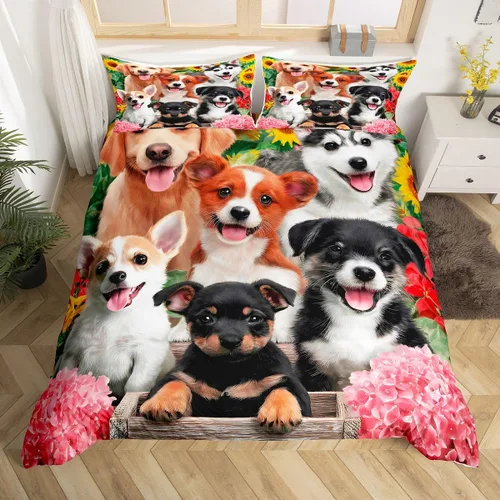 Vista 40 de Juego de ropa de cama estampada con diseño de perro y mi lado, tamaño King, diseño de pareja, color negro y blanco, juego de ropa de cama de perro