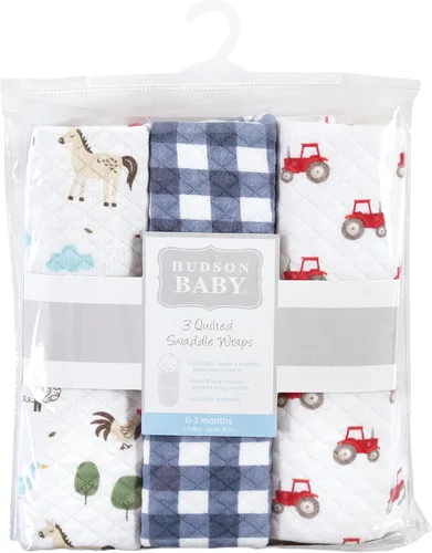 Vista 2 de Hudson Baby Envoltura de algodón acolchada unisex para bebé, 3 unidades, animales de granja para niños, 0-3 meses