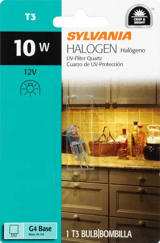 Vista 2 de Sylvania 58650 - Lámpara halógena de cuarzo de tungsteno de 10 vatios y 12 voltios con acabado transparente y base de dos pines G4, 1 paquete #