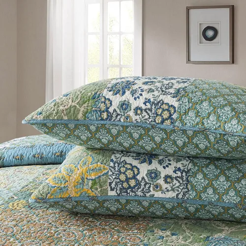 Vista 5 de NEWLAKE - Colcha de retazos de algodón, juego de edredón de 3 piezas con bordado cosido real, juego de cubrecama de tela acolchada reversible