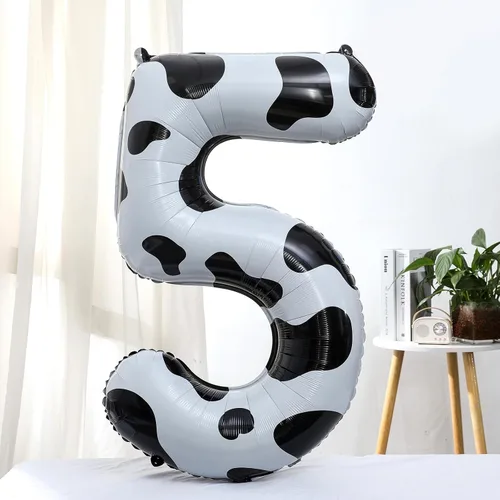 Vista 2 de Globo con estampado de vaca, decoración de fiesta de vaquera espacial de discoteca Globo número 5 para cumpleaños de 5.º cumpleaños, suministros