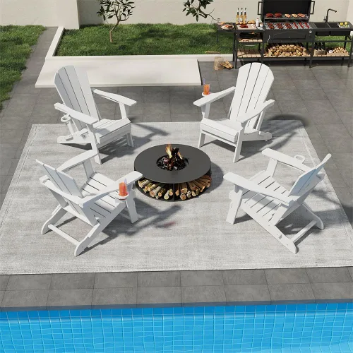 Vista 22 de Sillas plegables Adirondack con portavasos, juego de 4 sillas de plástico HDPE para exteriores, resistentes a la intemperie, aspecto de madera real