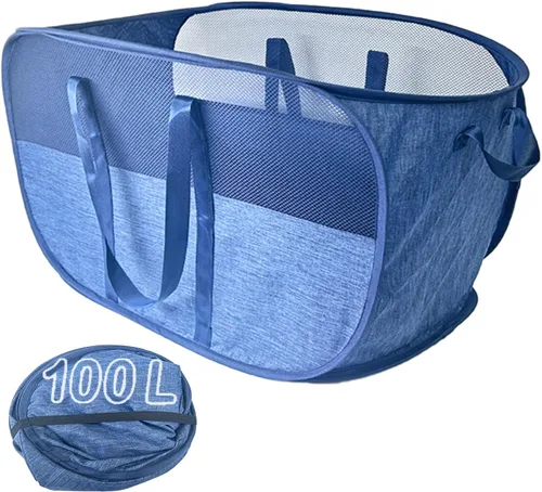 Vista 17 de Cesta de lavandería plegable mejorada de 100 L, cesta de lavandería desplegable de malla extragrande, cesta de ropa sucia con asas largas, cestas