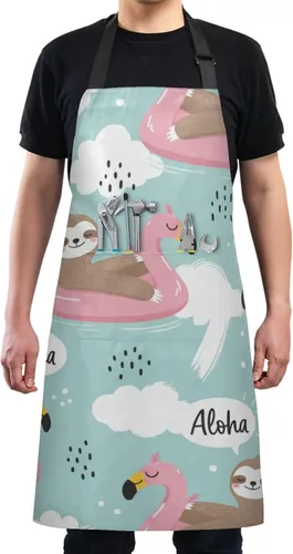 Vista 4 de Bolaz Apron with Pockets-Cute Sloth on Flamingo，Waterproof Stain Resistant Women Men Unisex Adjustable Perfect for Kitchen Cooking, Grilling, Baking