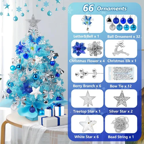 Vista 2 de Árbol de Navidad Mini de 2 pies, árboles de Navidad pequeños de mesa con 60 luces LED, 100 ramas realistas y 66 adornos, árbol de Navidad