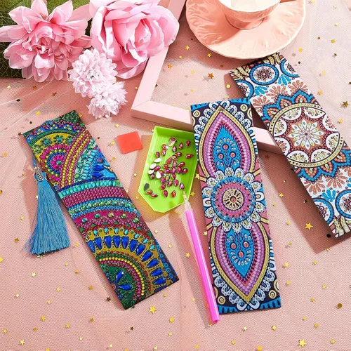 Vista 7 de 6 Pieces 5D Diamond Bookmark DIY Painting Bookmark Floral Beaded Bookmarks Leather Tassel Bookmark for DIY Making Arts Crafts Adults Graduation