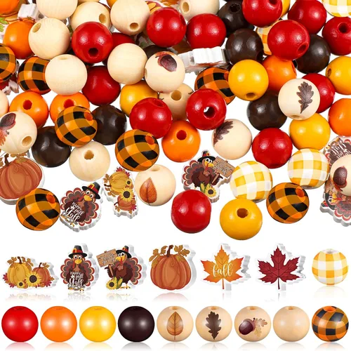 Huwena 200 cuentas de madera de otoño para Acción de Gracias, cuentas de madera a cuadros de búfalo, pavo, calabaza, hoja de arce, cuentas de