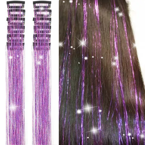 Vista 16 de Clip de oropel para el cabello, kit de 18 piezas de oropel para niñas, extensiones de cabello de oropel con purpurina, clip de oropel de cabello