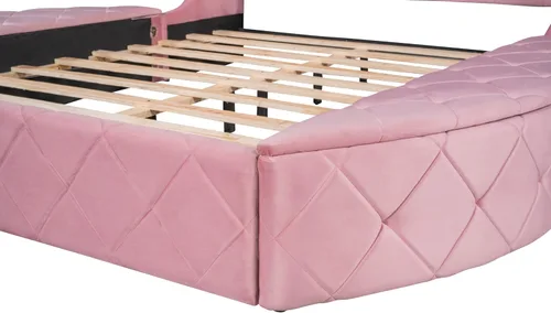 Vista 35 de Elegante cama de plataforma tapizada de terciopelo con 1 cajón grande y 2 taburetes de almacenamiento laterales, base de colchón de plataforma