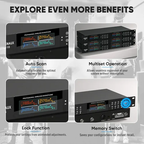 Vista 7 de Sistema de micrófono inalámbrico de solapa con auriculares y micrófonos de solapa, juego de micrófonos UHF Pro de 8 canales con transmisor