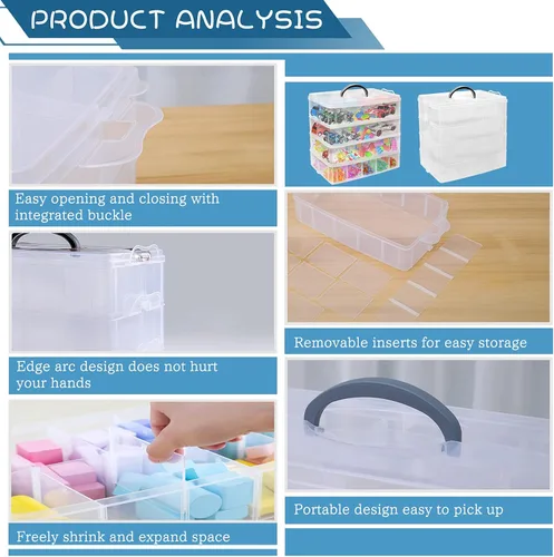 Vista 3 de Caja de almacenamiento apilable de 4 niveles con 40 compartimentos ajustables, caja organizadora de plástico transparente para juguetes de niños