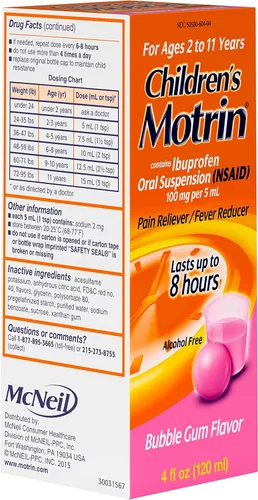 Vista 4 de Analgésico Motrin, líquido para niños para combatir la fiebre, rosa, 1, 1