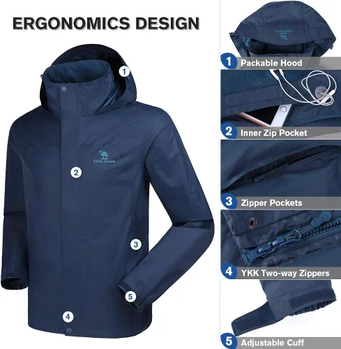 Vista 3 de CAMEL CROWN - Chaqueta impermeable para hombre con capucha cortavientos, resistente al viento y a la lluvia, para senderismo, escalada, viajes.