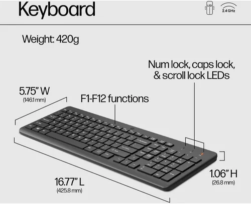 Vista 5 de HP Combo de teclado y mouse inalámbricos 330 - Receptor USB inalámbrico de 2.4 Ghz - Teclas Chiclet, 12 atajos de teclado - Mouse multisuperficie