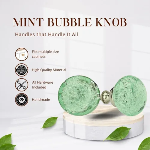Vista 4 de Perilla Home Juego de 4 pomos de burbujas – Perillas decorativas de cristal verde claro – Pomo de cristal para decoración del hogar
