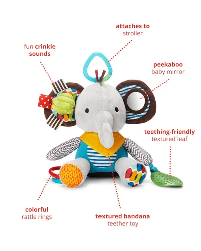 Vista 2 de Skip Hop Bandana Buddies - Juguete de actividad y dentición para bebés con sonajero multisensorial y texturas, Elefante