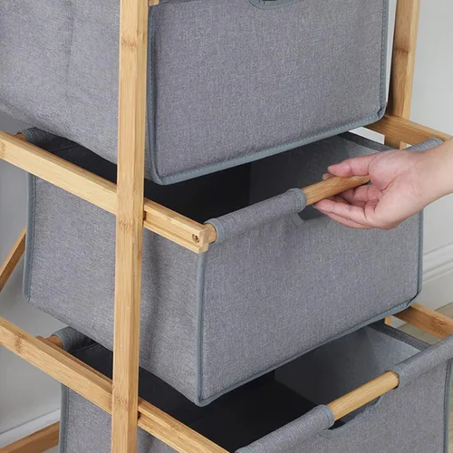 Vista 5 de Organizador de lavandería de bambú independiente de 3 secciones, organizador de cesta de ropa dividida con cajones extraíbles para dormitorio