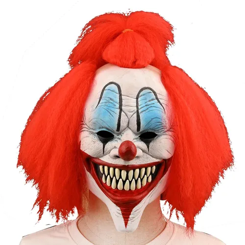 Vista 6 de Máscara de payaso de Halloween aterradora para adultos con pelo, máscara de disfraz de asesino malvado de terror