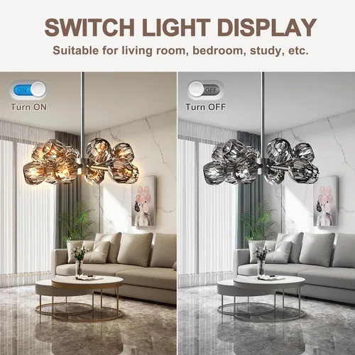 Vista 4 de Modern Sputnik Chandelier 12-Light Pearl Black Crystal Pendant 24" Dining Room Light Fixture Over Table Mid Century Branches Chandeliers with Smoke