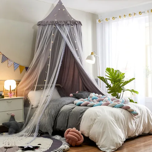 Vista 8 de VETHIN Toldo de cama para niños con luces, doble capa de cúpula redonda de princesa para niños, mosquitera de ensueño, habitación de niñas