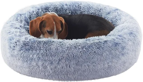 Vista 22 de Cama para perros pequeños con forma de dona de 23 pulgadas – Cama redonda calmante lavable para cachorros con funda extraíble, cama de felpa