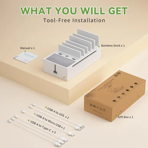 Vista 2 de Pezin & Hulin Organizador de estación de carga múltiple, caja de organización de cables de bambú, regletas de alimentación y ocultador de cables