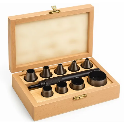 WEDGE 10 Piece Hollow Punch Set | Metric Punches (5-32cm) & SAE (3/16-1-1/4") Sizes | Secure Grip | Elegant Wooden Box with Metal Details