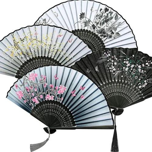 Vista 11 de Zonon Paquete de 4 abanicos plegables florales de mano, abanicos de bambú de seda con borla para mujer, ventilador plegable de mano ahuecado