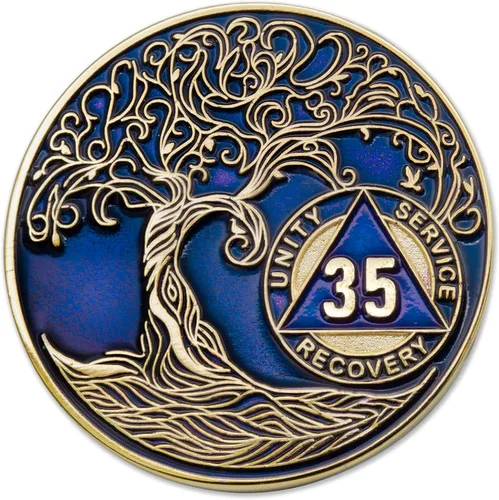 Vista 52 de 1 año Sobriety Mint Twisted Tree of Life Medallón de recuperación AA chapado en oro, chip/ficha - negro