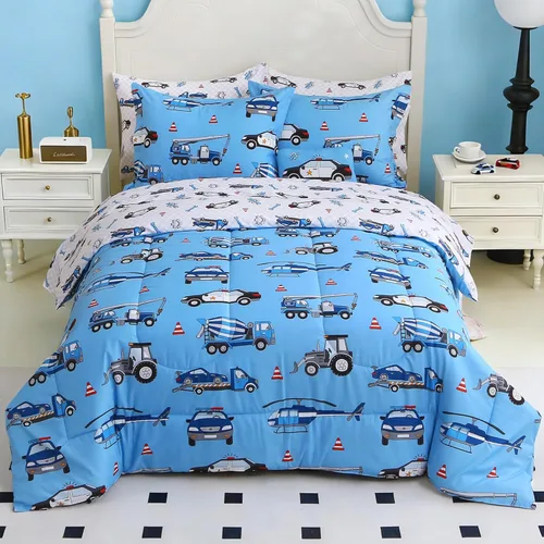 Vista 22 de Mooreeke Juego de edredón tamaño Twin para niños de 6 piezas, juego de ropa de cama azul camión para adolescentes, ropa de cama de microfibra suave