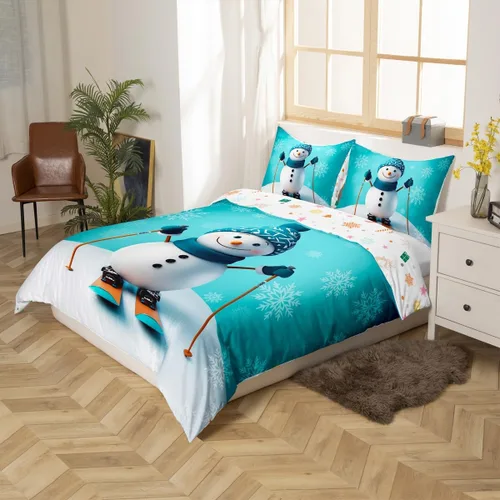 Vista 5 de Erosebridal Juego de ropa de cama con diseño de Feliz Navidad, adorable funda de edredón de muñeco de nieve tamaño individual para niños y niñas