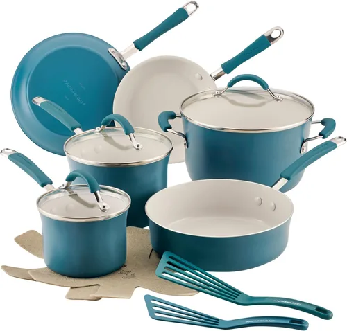 Vista 20 de Rachael Ray Cucina - Juego de ollas y sartenes antiadherentes anodizadas, 12 piezas, gris con asas azules