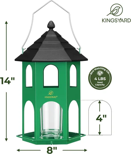Vista 5 de Kingsyard Comedero de metal para colgar en exteriores, comedero para pájaros silvestres con percha circular, fácil de limpiar y rellenar, gran Verde