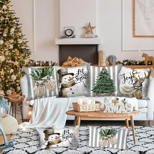Vista 3 de Lanpn Juego de 4 fundas de almohada navideñas de invierno de 18 x 18 pulgadas, guantes de muñeco de nieve, alce de eucalipto, funda de cojín