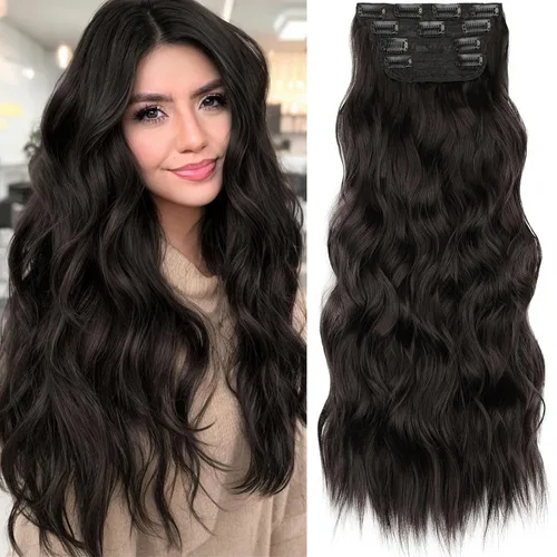 Vista 18 de KooKaStyle Extensiones de cabello sintético con pinzas, largo, ondulado, grueso, balayage, marrón chocolate a rubio caramelo, fibra 10H26