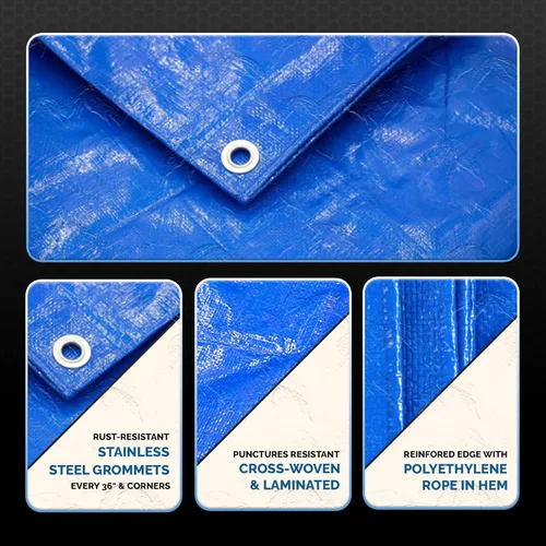 Vista 2 de 6x8 Lona impermeable azul – Lona resistente de 5 MIL de grosor para exteriores - Protección multiusos para acampar, tienda de campaña, techo, patio